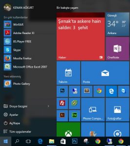 Windows 10 Başlat Menusu