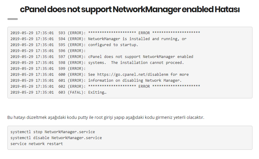 cPanel does not support NetworkManager enabled